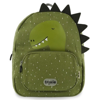 Mochila verde de dinossauro com bolso frontal e espinhos pretos