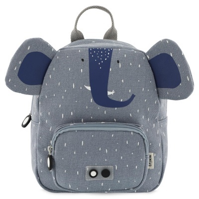 Mochila infantil azul com design de elefante e bolso frontal