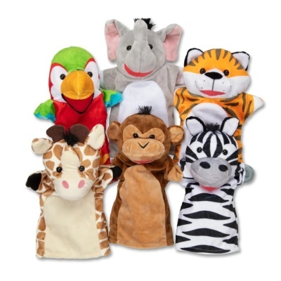 Conjunto de seis fantoches de mão de peluche com formas de animais variados.