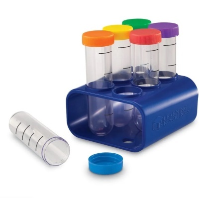 Conjunto de tubos de ensaio coloridos com suporte azul