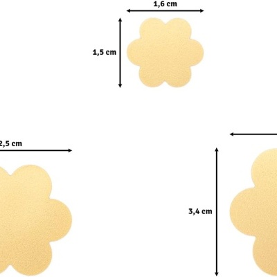 Três adesivos florais amarelos de vários tamanhos com dimensões indicadas