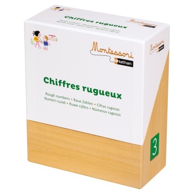 Caixa branca e amarela do produto Montessori Nathan 'Chiffres rugueux' com número 3 na lateral.