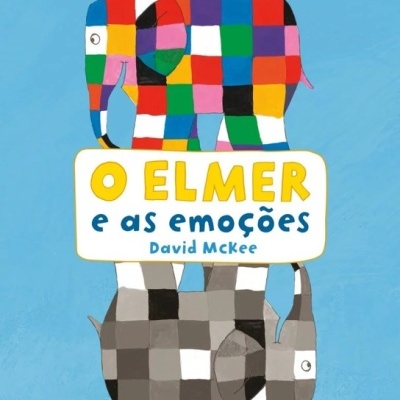 capa de livro infantil com elefantes coloridos e texto 'O ELMER e as emoções'