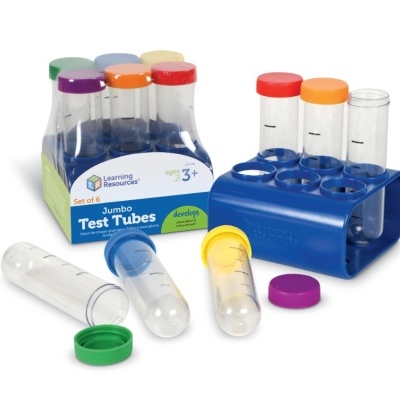 Conjunto de tubos de ensaio jumbo de plástico com tampas coloridas e suporte azul.