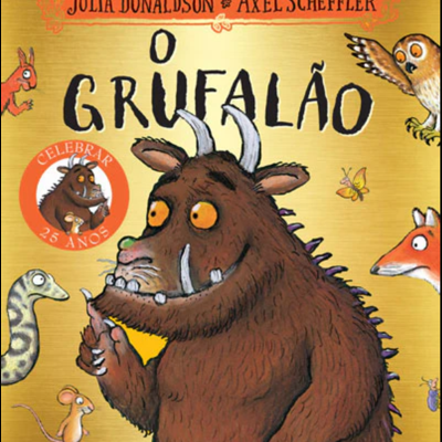 Capa do livro infantil O Grufalão com ilustração de um monstro castanho e vários animais coloridos.