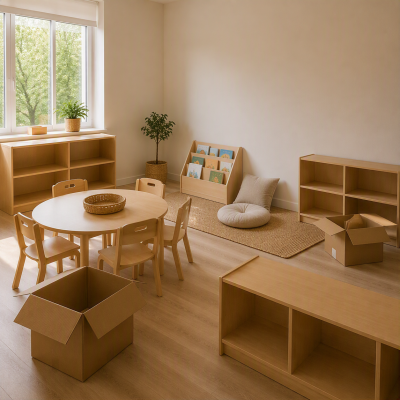 Sala infantil com mesa e cadeiras de madeira clara, prateleiras, almofadas, plantas e caixas de cartão.