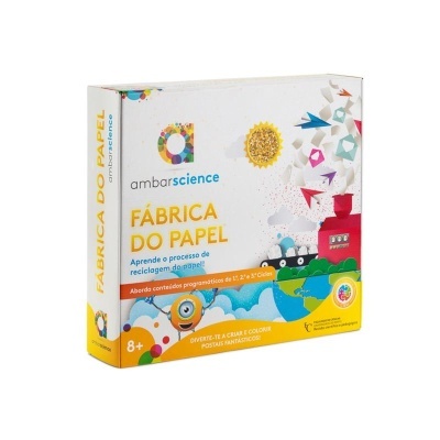 Caixa de jogo educativo Fábrica do Papel para crianças sobre reciclagem, com cores branca, amarela, azul e ilustrações coloridas