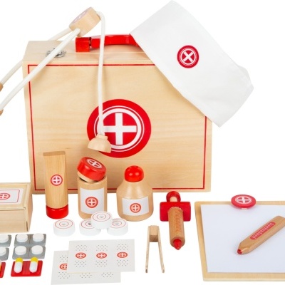 Brinquedo de médico de madeira com caixa, capacete e acessórios