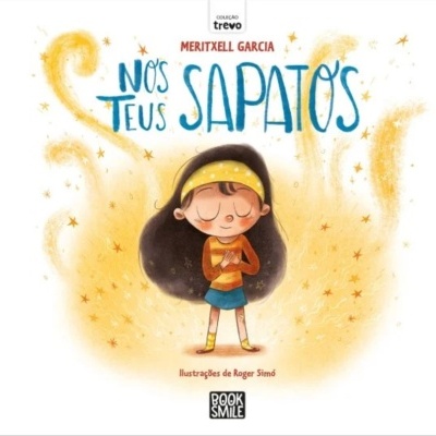 Capa de livro infantil com menina e texto NOS TEUS SAPATOS