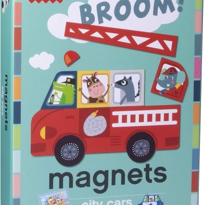 Caixa de brinquedo magnético APLI kids com ilustração de carro de bombeiros vermelho e animais