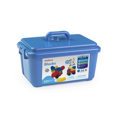 Caixa azul com blocos de construção miniland para crianças