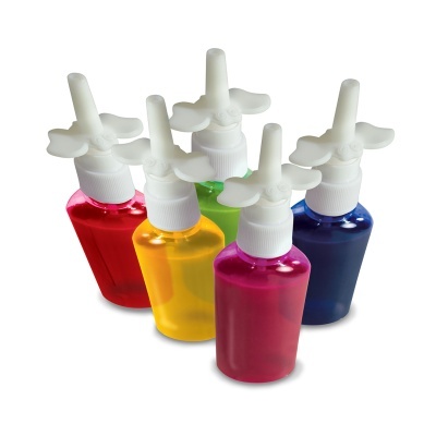 Frascos coloridos com tampas brancas e válvula aplicadora