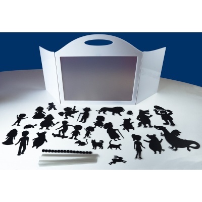 Tabuleiro de luz portátil branco com alça e silhuetas pretas recortadas