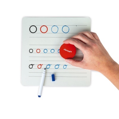 Quadro branco magnético para treino de escrita com marcador azul e apagador vermelho Janod