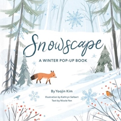 Capa de livro pop-up de inverno com raposa e floresta nevada
