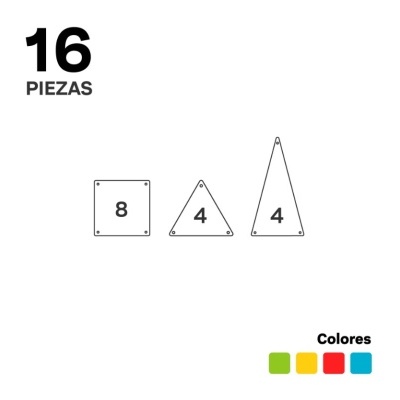 Ilustração de três formas geométricas com números e texto '16 PIEZAS'.