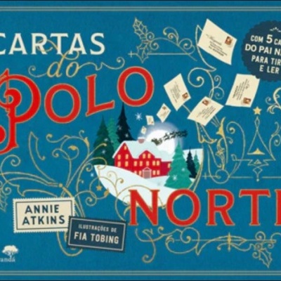 Capa azul de livro 'Cartas do Polo Norte' com ilustrações de casa e pinheiros