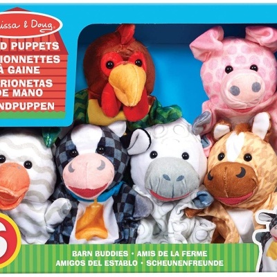 Conjunto de seis fantoches de mão de animais da fazenda em caixa colorida