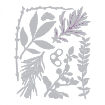 Conjunto de die cuts metálicos prateados em formas de folhas e ramos sobre fundo branco