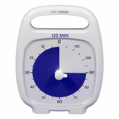 Temporizador branco com visor quadrado e mostrador circular azul com texto TIME TIMER 120 MIN