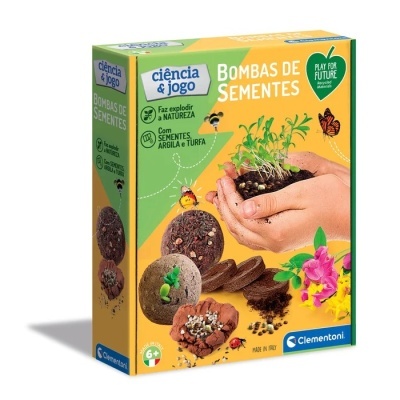 Embalagem do kit Bombas de Sementes da Clementoni com ilustração de mãos segurando e sementes a germinar