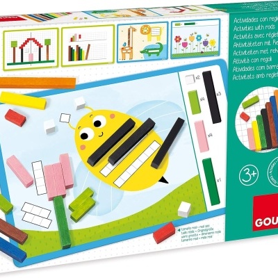 Caixa de brinquedo educativo com peças de madeira coloridas e imagem de abelha.