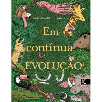 Capa de livro com ilustração de vários animais da floresta e título Em contínua EVOLUÇÃO
