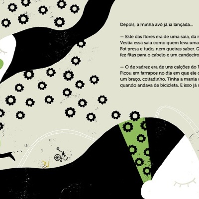 Ilustração colorida com figuras femininas em azul, verde e preto, texto em português e padrão floral em fundo bege.