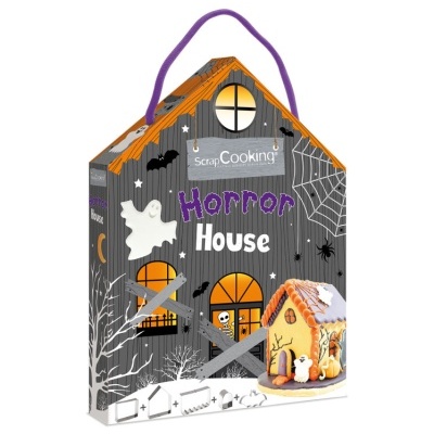 Embalagem temática casa assombrada com decoração de Halloween e alça roxa