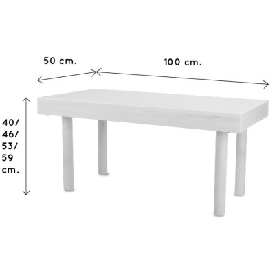Mesa retangular branca com pernas cilíndricas e medidas destacadas