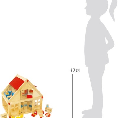 Casa de brincar em madeira com móveis coloridos e telhado vermelho