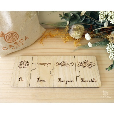 Quebra-cabeças de madeira com ilustrações de estágios do peixe