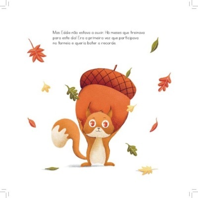 Esquilo castanho e branco com uma grande bolota e folhas de outono