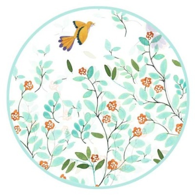 Ilustração redonda de ramos com folhas verdes, flores laranjas e pássaro laranja