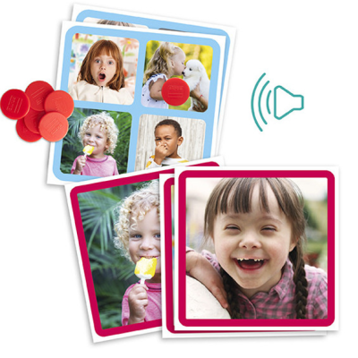 Cartas educativas com fotografias de crianças e fichas vermelhas para jogo educativo