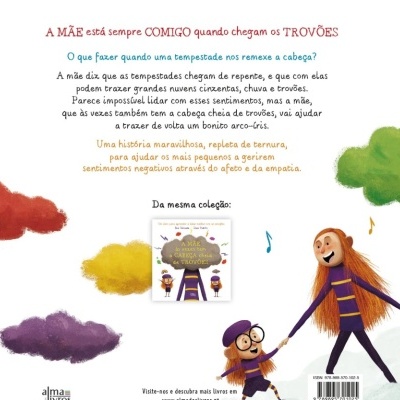 Contra-capa de livro infantil com texto, ilustrações de duas personagens e nuvens coloridas