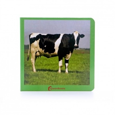 Livro infantil com imagem de vaca preta e branca numa capa verde
