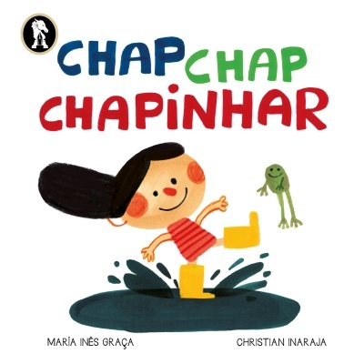 Capa de livro infantil com criança a saltar numa poça e sapo verde