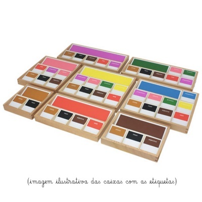 Caixas de madeira com blocos coloridos retangulares etiquetados