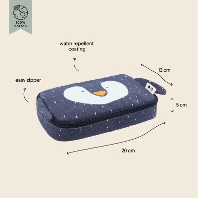 Estojo azul com estampa de pinguim e fecho de correr, dimensões 20x12x5 cm