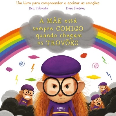 Capa de livro com personagem ruiva de boina roxa e óculos grandes, arco-íris e nuvens com trovões