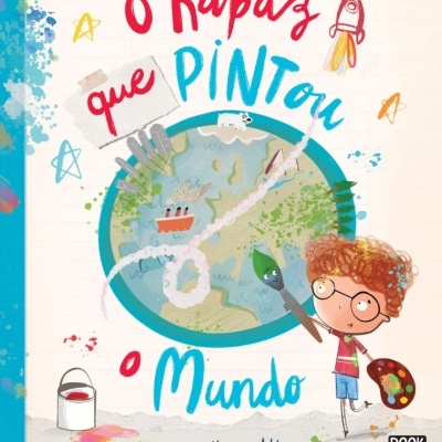 Capa colorida de livro infantil com um rapaz pintando um globo terrestre