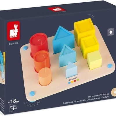 Jogo de formas geométricas coloridas em madeira numa base com embalagem Janod