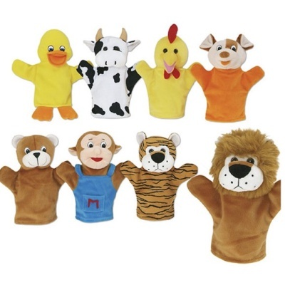 Sete fantoches de mão de animais coloridos em tecido