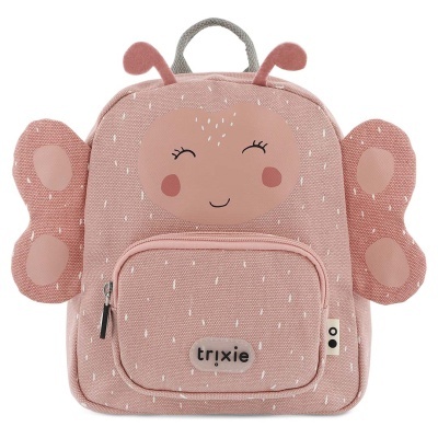 Mochila infantil rosa formato borboleta com rosto sorridente e bolso frontal trixie