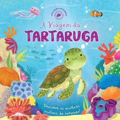 Capa de livro infantil com tartaruga e cenário marinho colorido