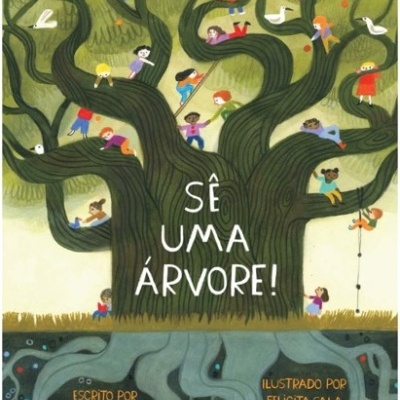 Capa de livro infantil com grande árvore verde e crianças nas árvores, texto em português