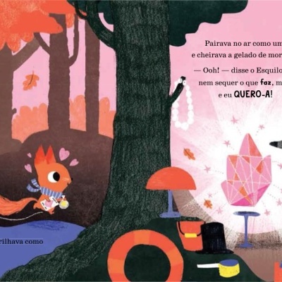 Ilustração colorida de animais na floresta com carrinho de pedras preciosas e texto em português