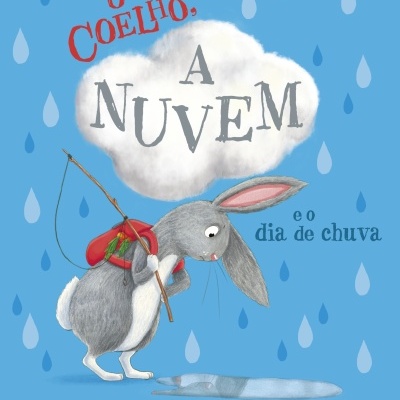 Capa de livro infantil com coelho e gotas de chuva