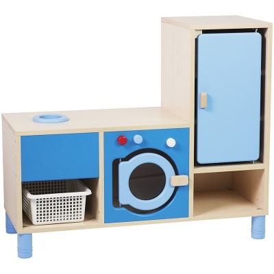 Móvel infantil de brincar para cozinha ou lavandaria em madeira clara e azul